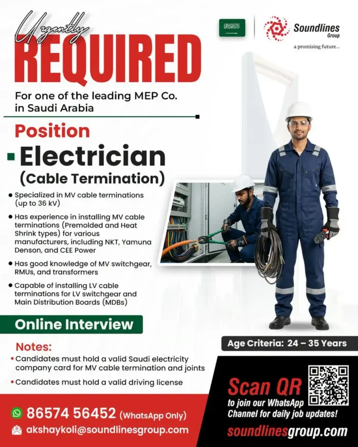 Electrician performing MV cable termination up to 36 kV in Saudi Arabia