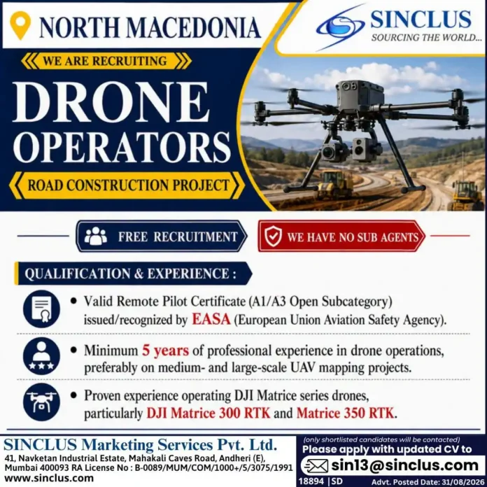 Drone Operator job in North Macedonia requiring DJI Matrice 300 RTK and Matrice 350 RTK experience