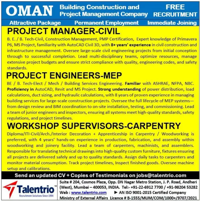 Construction jobs in Oman for project manager civil, MEP engineers and workshop supervisors