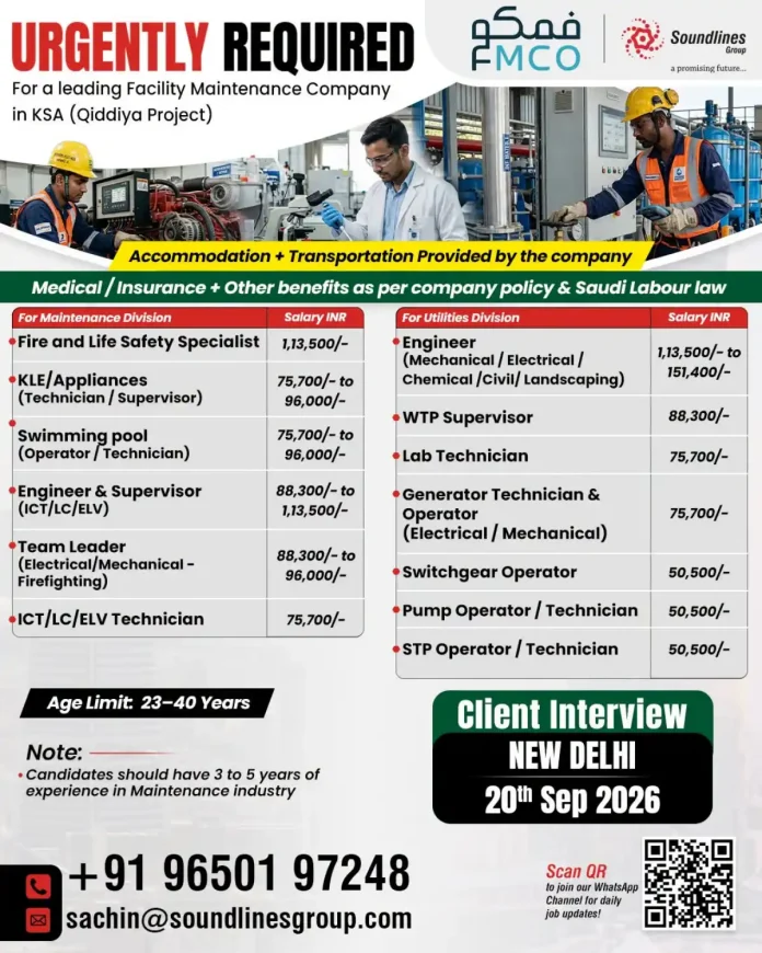 FMCO and Soundlines Group urgent hiring for Qiddiya Project facility maintenance jobs in Saudi Arabia