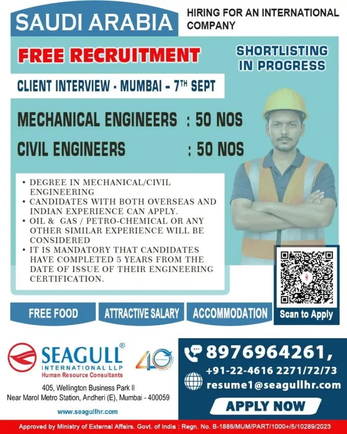 Saudi Arabia mechanical and civil engineer recruitment by Seagull International