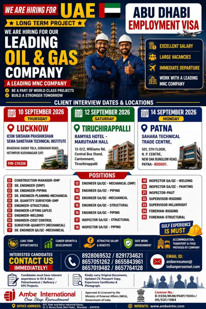 UAE Oil & Gas jobs 2026 walk-in interview Abu Dhabi hiring Ambe International