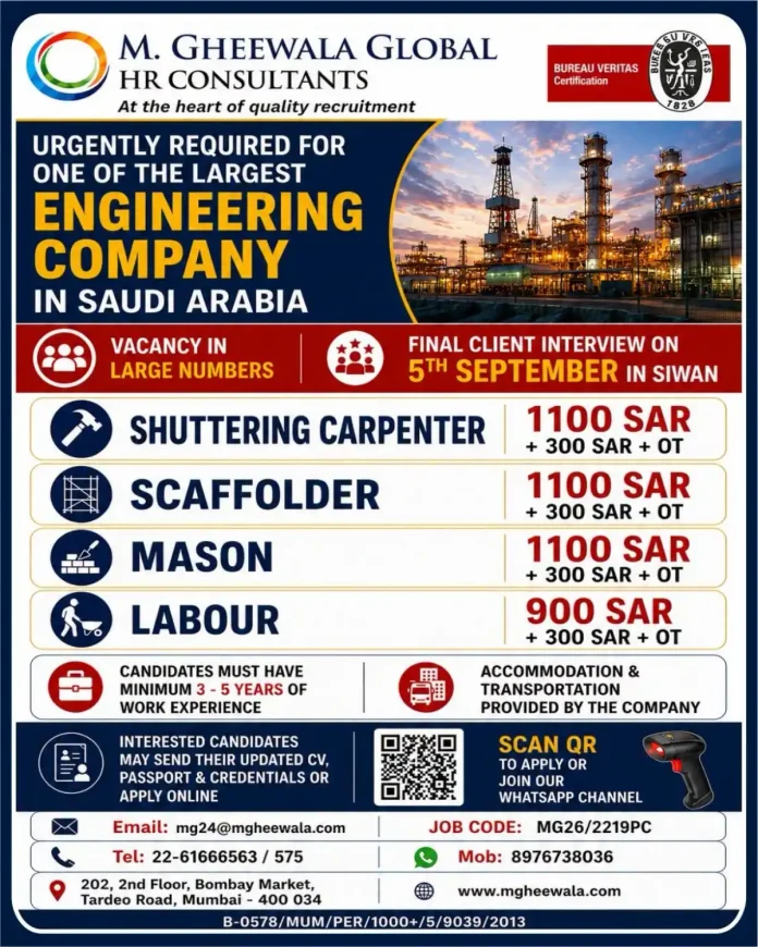 Saudi Arabia engineering jobs – Shuttering Carpenter, Scaffolder, Mason and Labour recruitment by M Gheewala