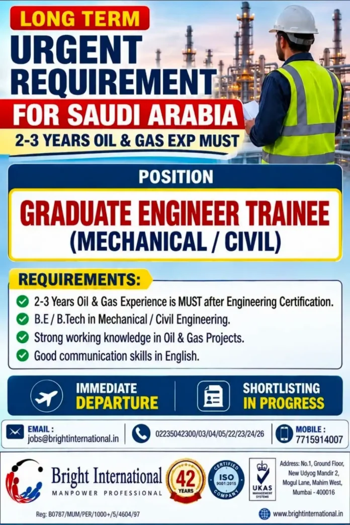 Graduate Engineer Trainee Mechanical Civil jobs Saudi Arabia Oil Gas