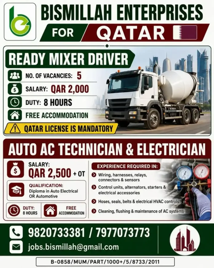 Bismillah Enterprises Qatar hiring Ready Mixer Driver and Auto AC Technician Electrician