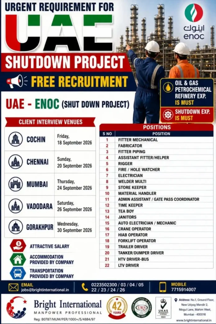 ENOC Shutdown Project UAE Free Recruitment Walk-in Interview Drive