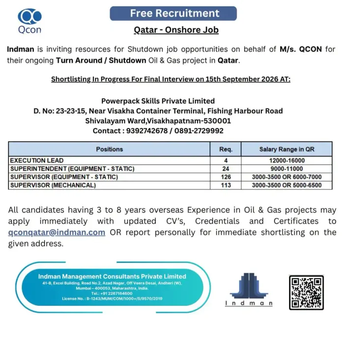 QCON Qatar Onshore Shutdown Jobs 2026 walk-in interview at Visakhapatnam on 15 September 2026