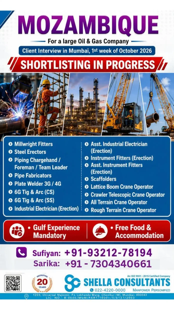 Mozambique Oil & Gas Jobs – Client Interview in Mumbai October 2026 | Shella Consultants