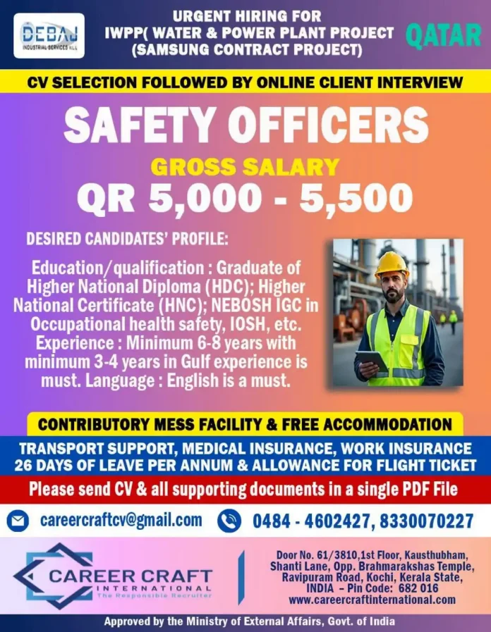 Safety Officer job vacancy Qatar Samsung IWPP project