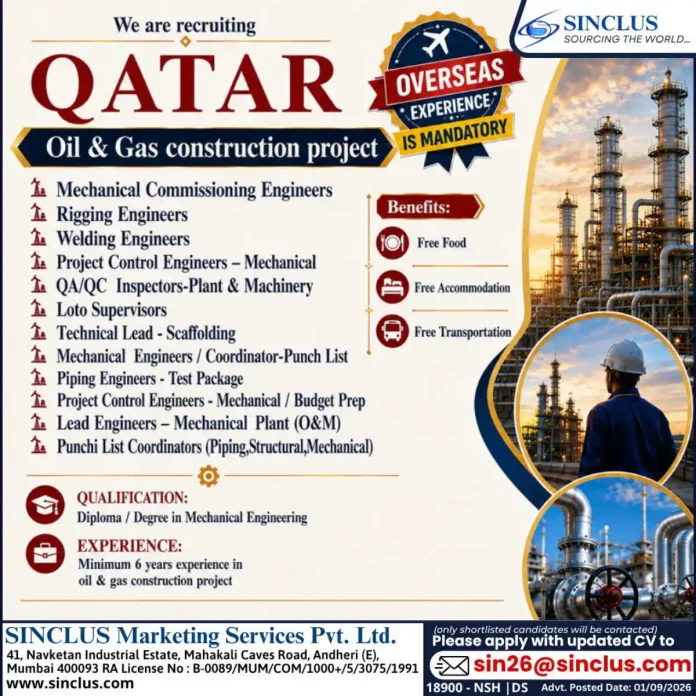 Qatar Oil & Gas Construction Recruitment by Sinclus Marketing Services
