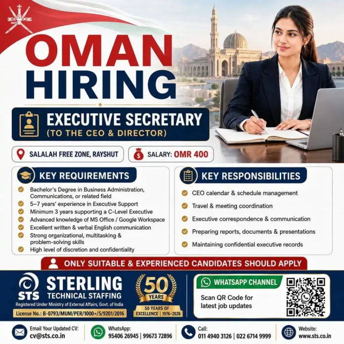 Executive Secretary to CEO and Director job in Salalah Free Zone Oman