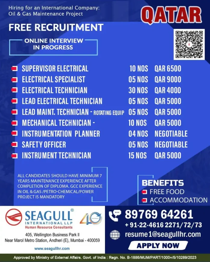 Qatar Oil & Gas Maintenance Jobs - Electrical Supervisor, Technician, Mechanical and Instrument Recruitment by Seagull HR