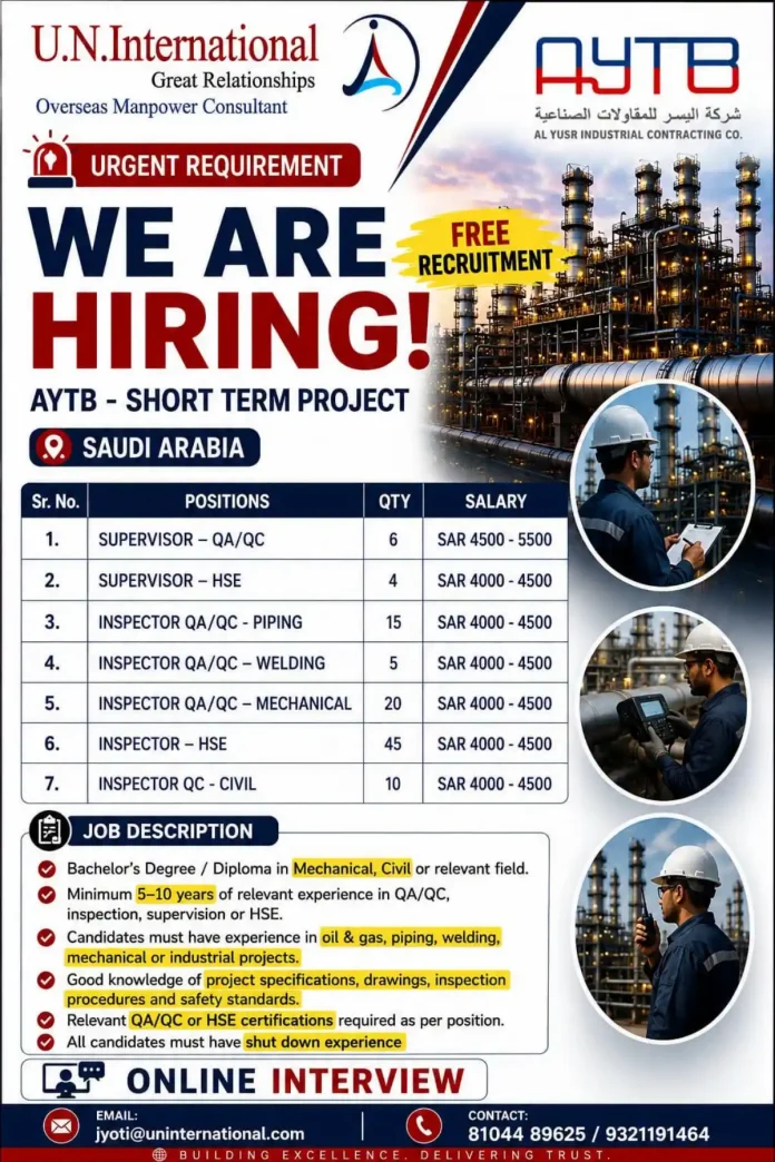 AYTB Saudi Arabia QA/QC and HSE jobs with Al Yusr Industrial Contracting