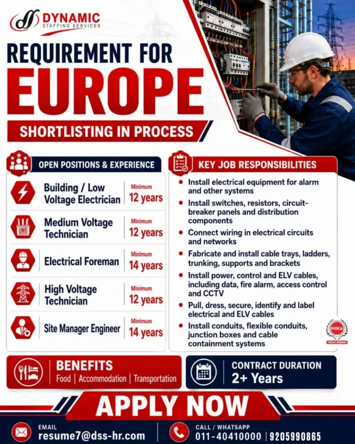 Electrical technician and electrician jobs in Europe with Dynamic Staffing Services