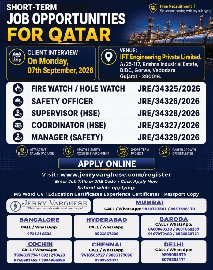 Qatar Safety and HSE Jobs Client Interview in Vadodara on 07 September 2026