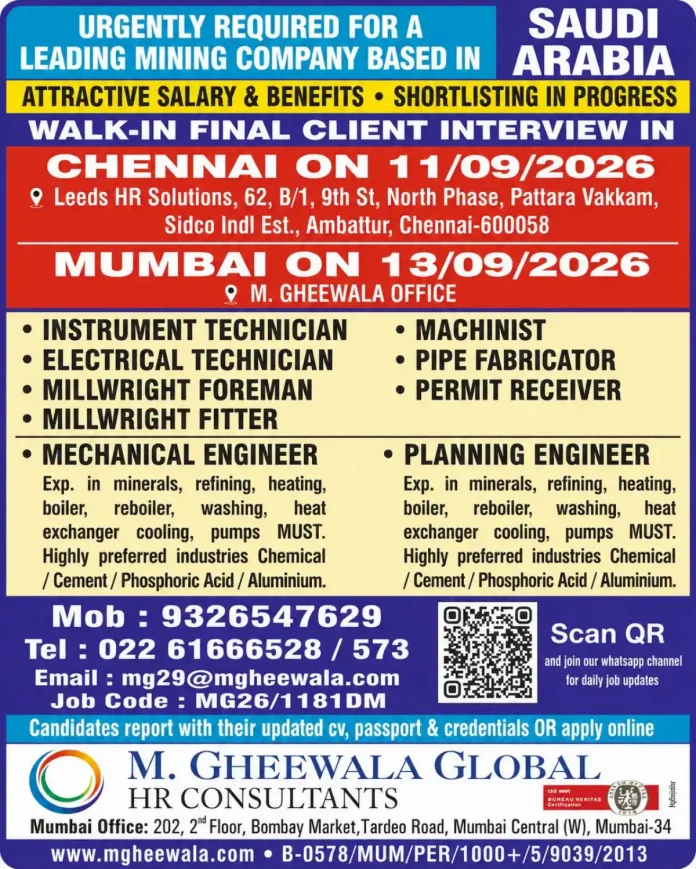 Walk-in interview for Saudi mining company in Chennai and Mumbai on 11 and 13 September 2026