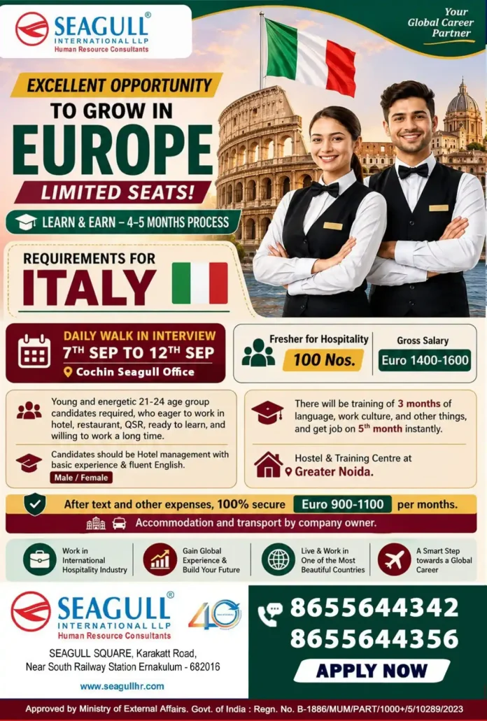 Seagull International Italy hospitality job walk-in interview in Cochin from 7 to 12 September