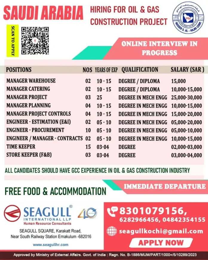 Saudi Arabia oil and gas construction job vacancies with free food and accommodation