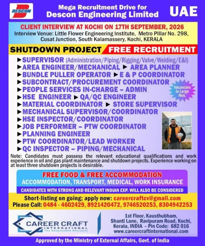 Descon Engineering UAE Mega Recruitment Drive Kochi Interview 2026