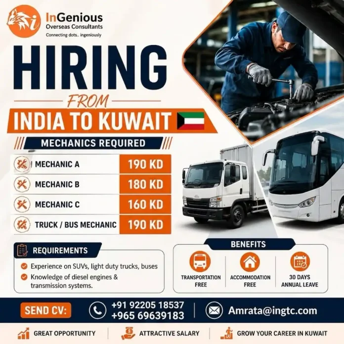 Mechanics required from India to Kuwait with free accommodation and transport