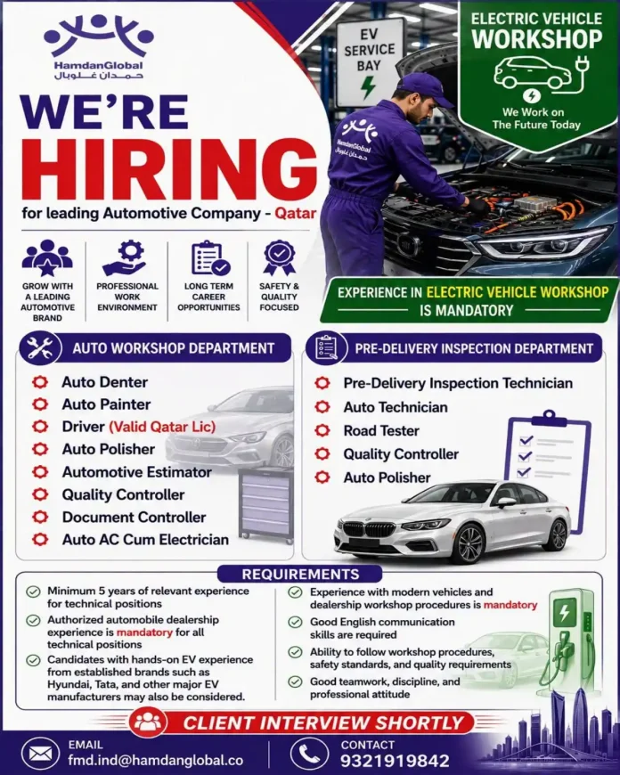 HamdanGlobal hiring automotive workshop and pre-delivery inspection staff for a leading automotive company in Qatar