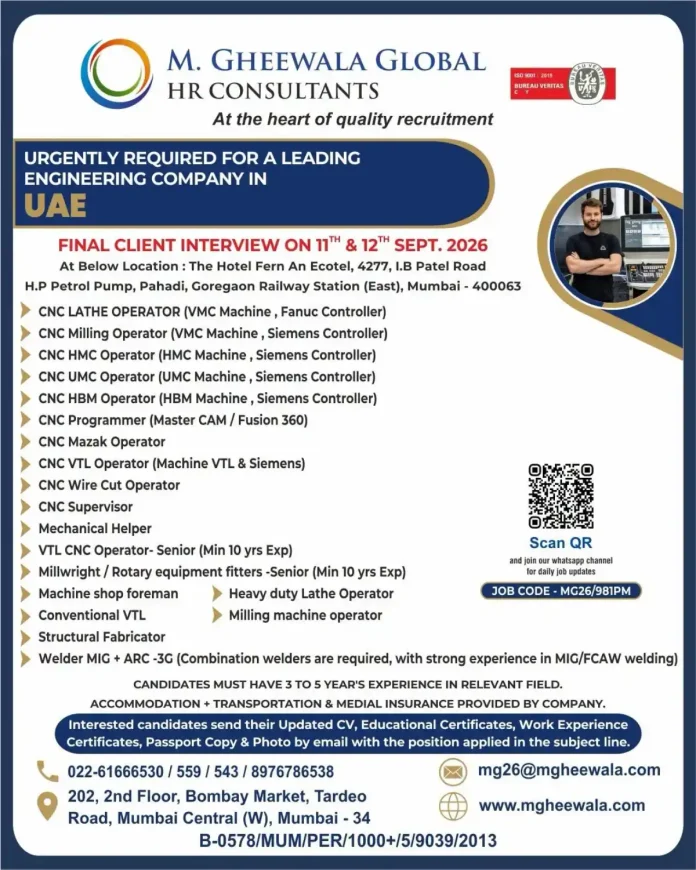 UAE Engineering Jobs for CNC Operators, Welders and Fabricators – Mumbai Interview 2026