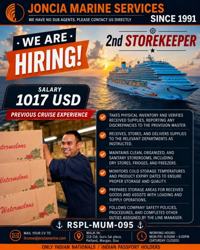 Joncia Marine Services hiring 2nd Storekeeper for cruise ship