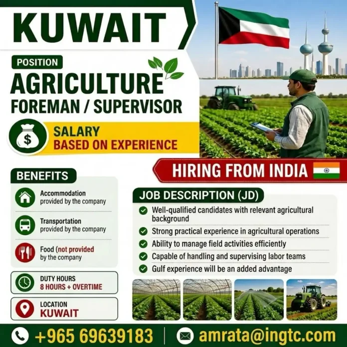 Agriculture Foreman Supervisor job in Kuwait hiring from India