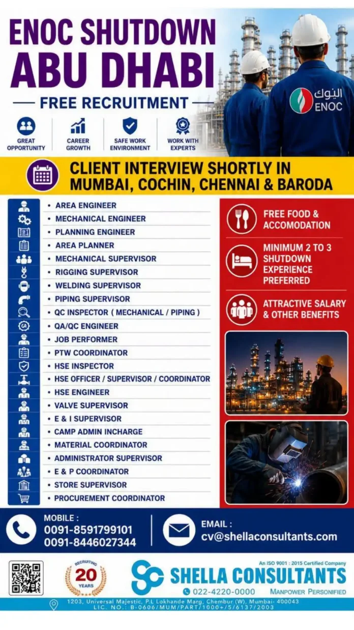 ENOC Shutdown Abu Dhabi recruitment by Shella Consultants