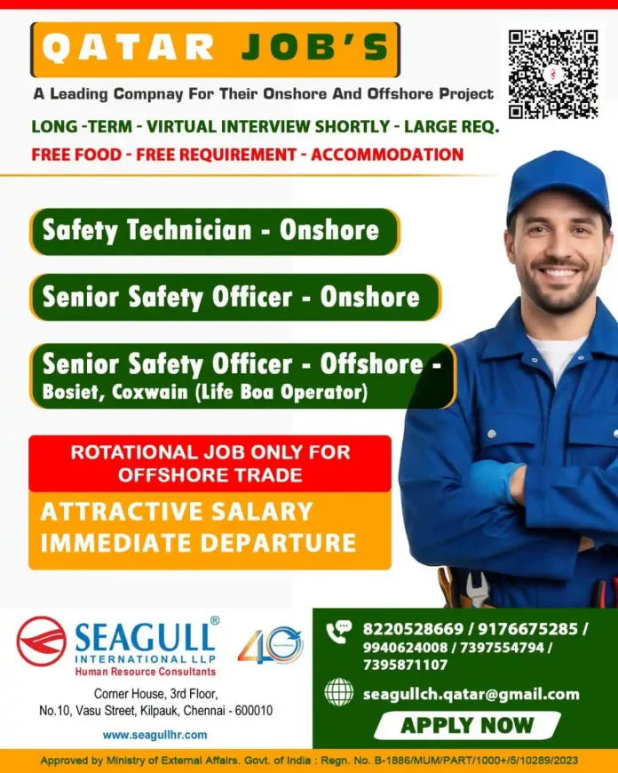 Qatar onshore offshore safety jobs – Safety Technician, Senior Safety Officer, and BOSIET/Coxswain Life Boat Operator positions
