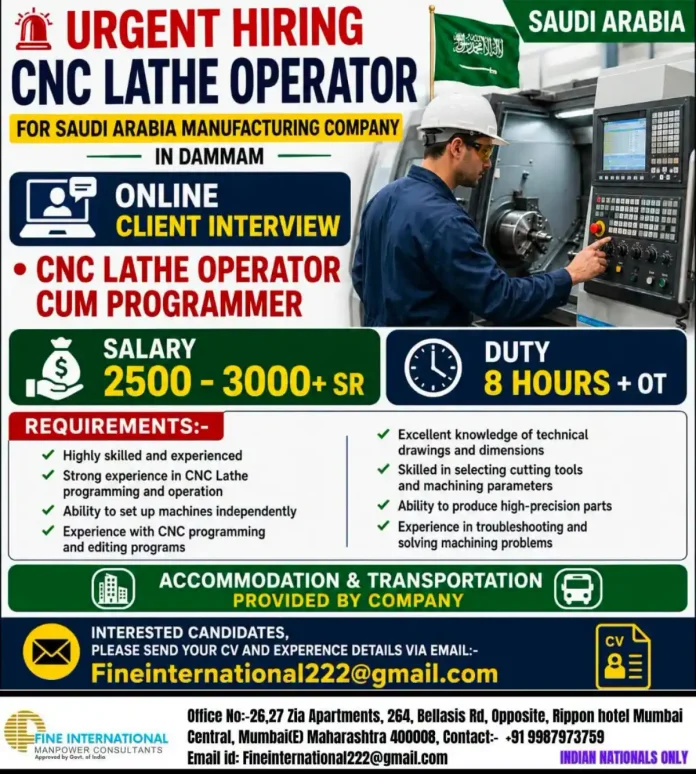 CNC Lathe Operator Cum Programmer job in Saudi Arabia for Indian candidates