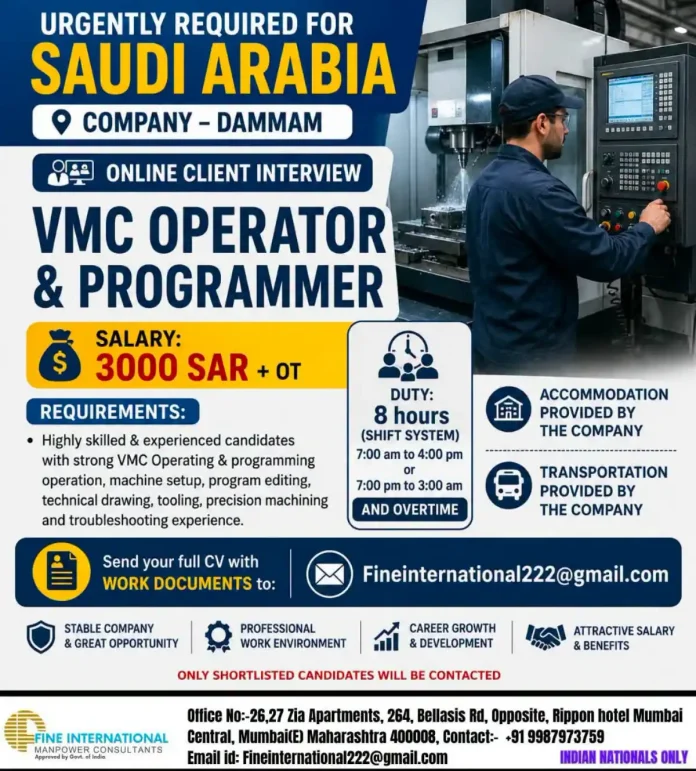 VMC Operator and Programmer job vacancy in Saudi Arabia for Indian candidates