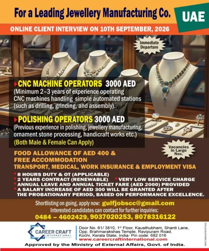 CNC Machine Operator and Polishing Operator jobs in UAE with free accommodation and food allowance