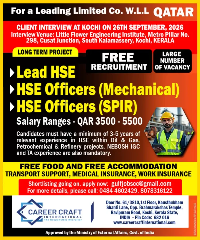HSE Officers and Lead HSE job vacancy in Qatar for Oil and Gas project with Kochi interview