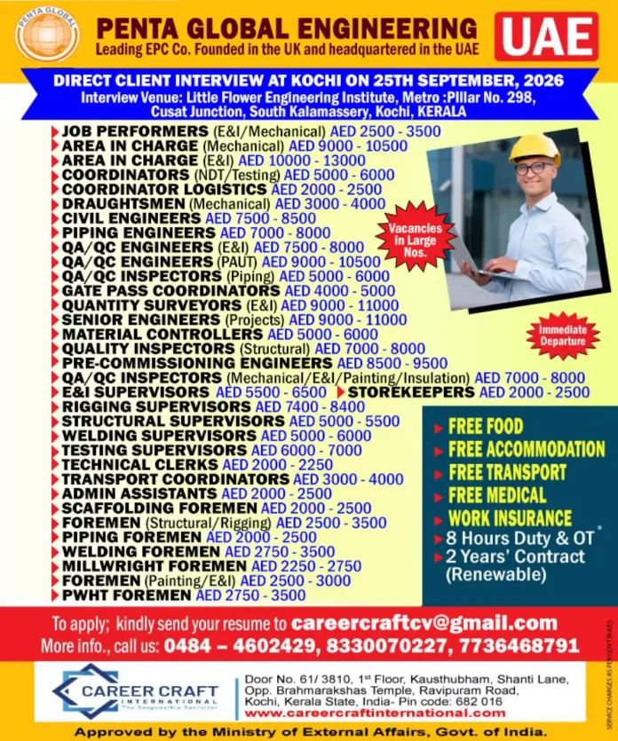Penta Global Engineering UAE jobs direct client interview in Kochi on 25 September 2026