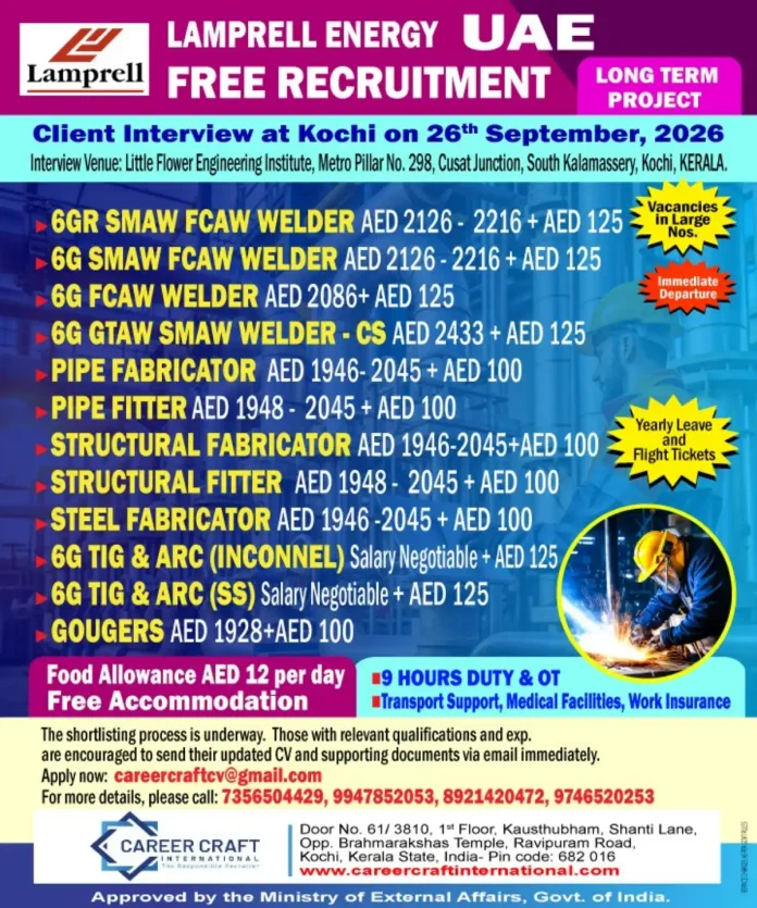 Lamprell Energy UAE recruitment 2026 in Kochi for welders, pipe fitters, fabricators and gougers