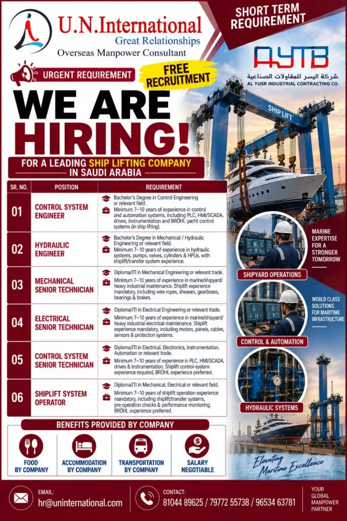Urgent shiplift jobs in Saudi Arabia for engineers and technicians by U.N. International