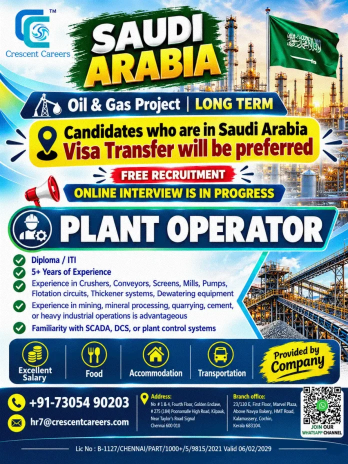 Plant Operator Job in Saudi Arabia Oil and Gas Project