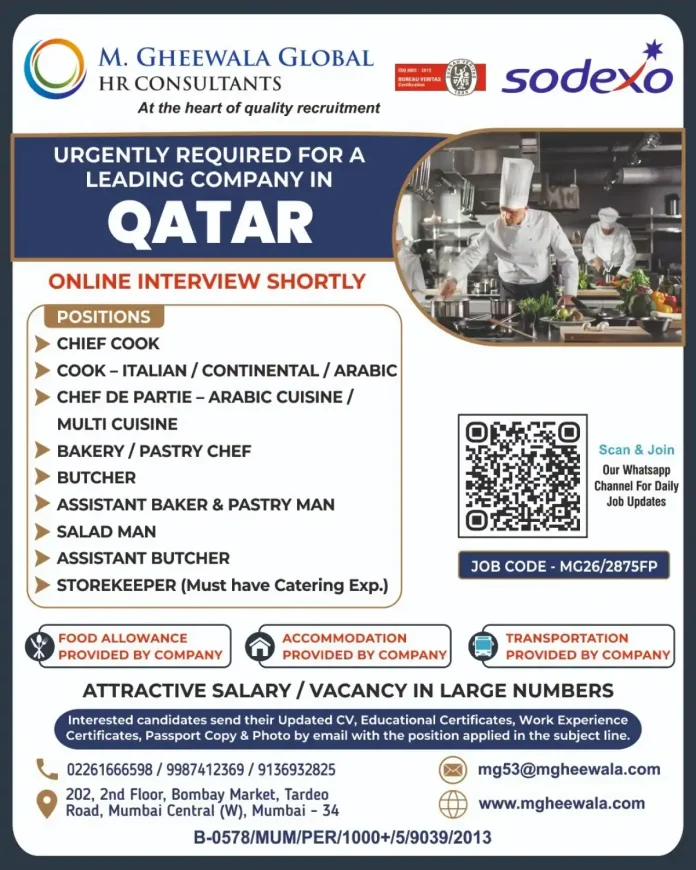 M. Gheewala Global HR Consultants Qatar jobs for chefs, cooks, butchers and storekeeper