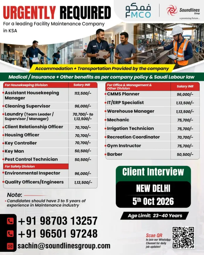 Facility maintenance jobs in KSA – Soundlines Group hiring for Saudi Arabia