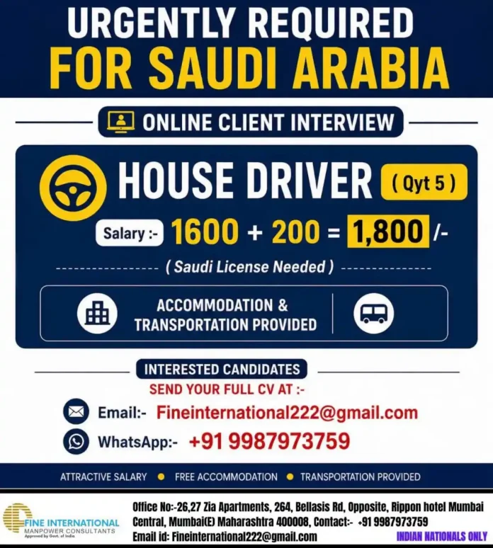 Urgent House Driver Job in Saudi Arabia for Indian Nationals