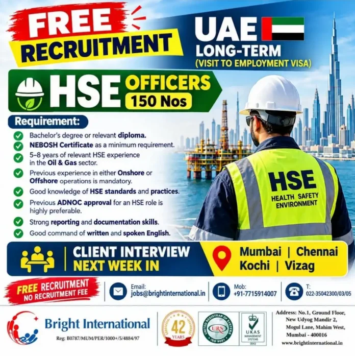 HSE Officer jobs in UAE free recruitment by Bright International