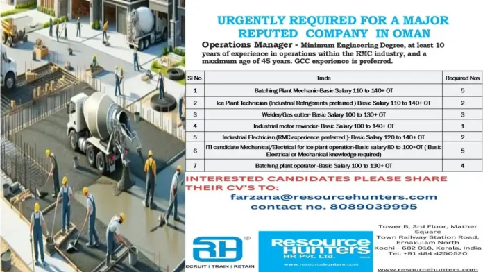 Urgent Gulf jobs in Oman for Operations Manager and RMC plant technicians