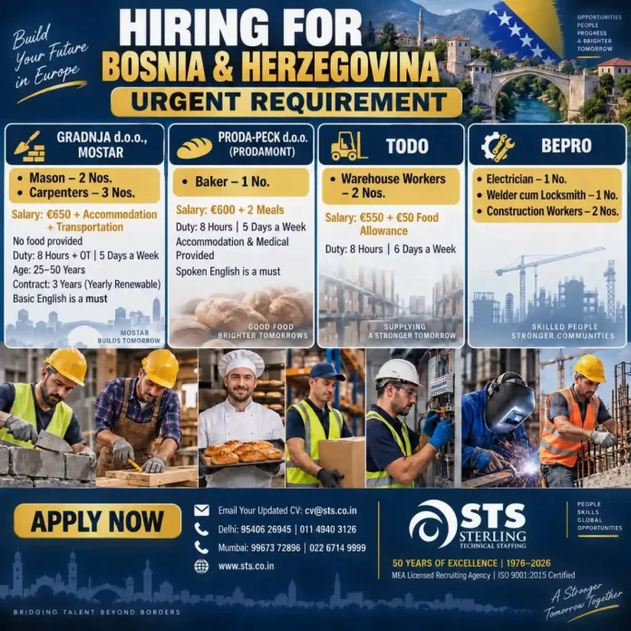 Urgent jobs in Bosnia and Herzegovina for mason, carpenter, baker, warehouse worker, electrician, welder and construction workers