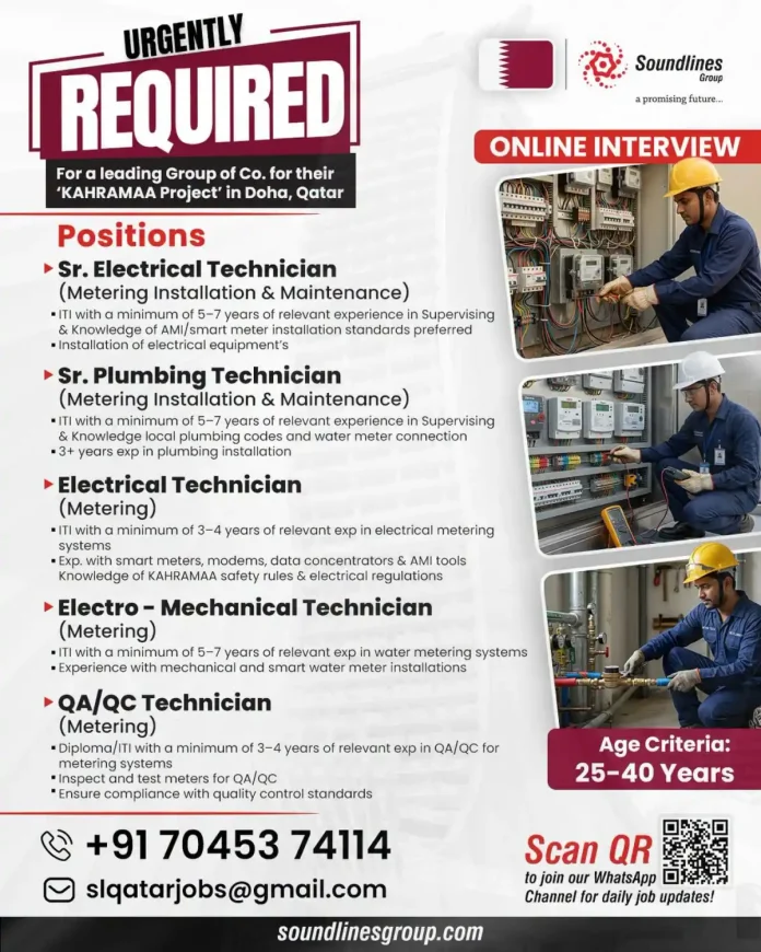 Urgent KAHRAMAA Project jobs in Doha Qatar for electrical plumbing and QA/QC technicians