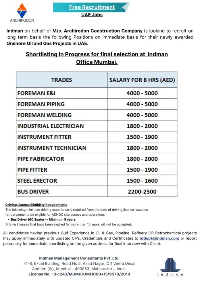 Archirodon UAE Jobs for Foreman, Electrician, Instrument Technician, Pipe Fitter, Bus Driver