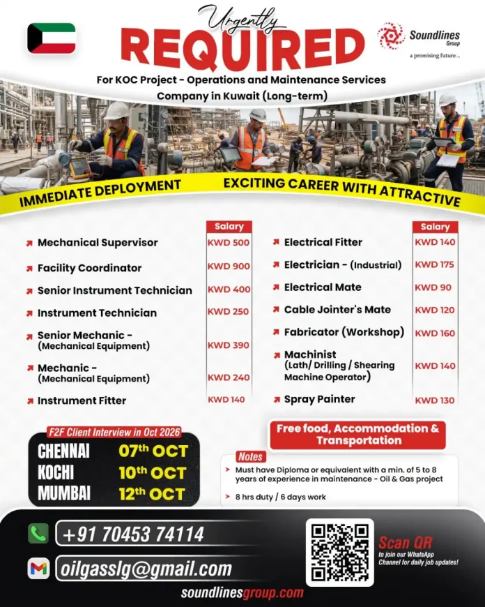 KOC Project Operations and Maintenance jobs in Kuwait with Soundlines Group