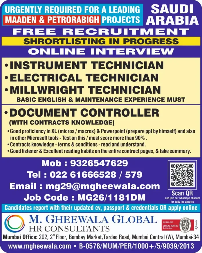 Urgent Saudi Maaden and Petrorabigh jobs for technicians and document controller