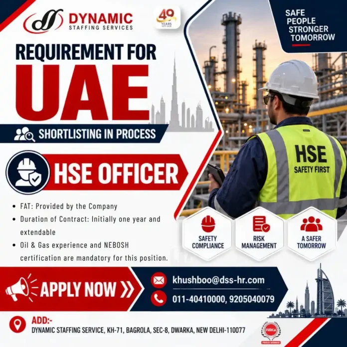 HSE Officer job in UAE for Oil & Gas project with NEBOSH certification