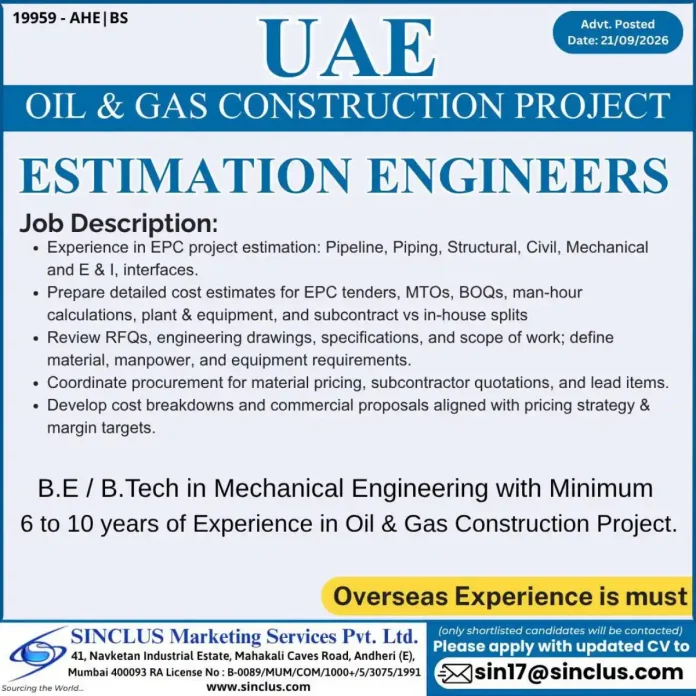 Estimation Engineer Oil & Gas Construction Project UAE job vacancy at SINCLUS